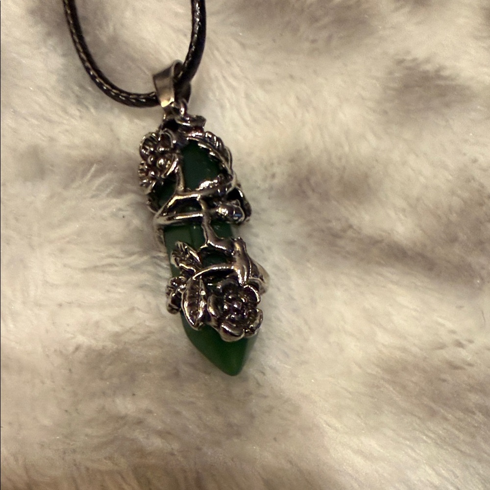 Floral Green Pendant Necklace with Silver Accents - Picture 5 of 5